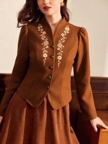 Vintamour Women's Floral Embroidered Long Sleeve Single-Breasted Overcoat - Brown - View 5