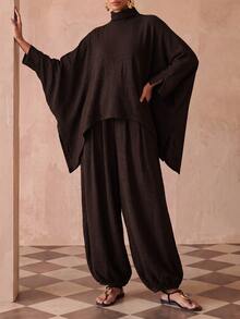 Zivah Women's Minimalist Textured High Neck Cape Top And Cuffed Lantern Pants 2 Pieces Set - Brown - View 3