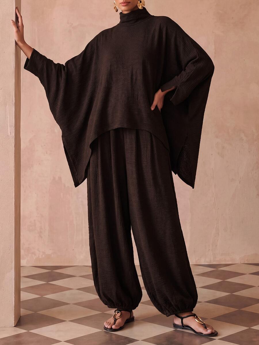 Zivah Women's Minimalist Textured High Neck Cape Top And Cuffed Lantern Pants 2 Pieces Set - Brown - View 1
