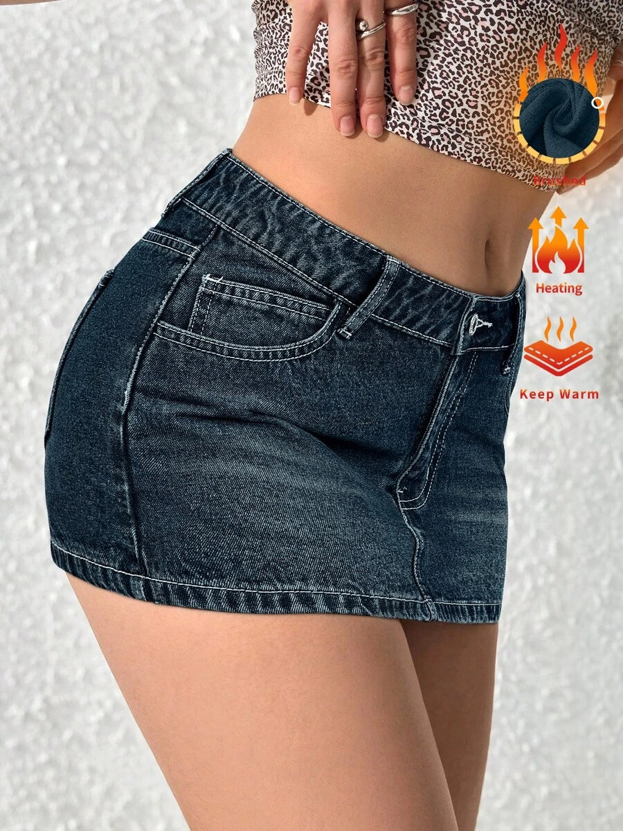 SHEIN PETITE 女款口袋裝飾貼身短款休閒牛仔裙,適合嬌小女性,秋冬刷毛牛仔布料 - 深色水洗藍 - 查看 1