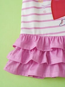 Peppa Pig X SHEIN Young Girl Striped Print Round Neck Short Sleeve Ruffle Hem Cute Dress Peppa Pig - Pink - View 11