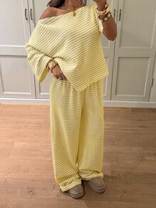 Siren Gaze 女款秋季休閒條紋不對稱領 T 恤長褲兩件套，返校外出 Y2K 基本街頭風健身運動萬聖節運動健身裝 - 黃色 - 查看 3