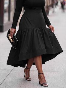 SHEIN CURVE+ Plus Size Women's Solid Color Pleated Casual Daily Skirt - Black - View 7