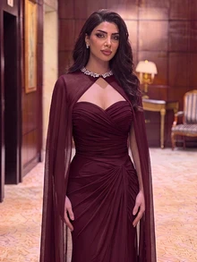 Aureia Elegant Luxury Burgundy Pleated Ruffle Fitted Mermaid Hem Evening Gown, Suitable For Evening Parties, Balls, Weddings, Events, Music Festivals (Heavy Workmanship Design) - Burgundy - View 3