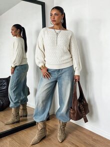 POPSWAY Plus Solid Boat Neck Lantern Sleeve Pointelle Knit Sweater Winter - Beige - View 6
