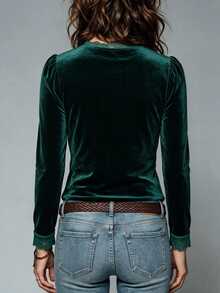 Trelyra Solid Velvet Lace Trim Wrap Ruched Waist Top - Green - View 5