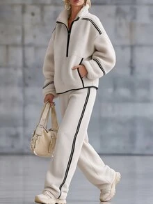 LUMIGAL Fall Winter Contrast Binding Drop Shoulder Teddy Sweatshirt & Pants Set - Beige - View 4