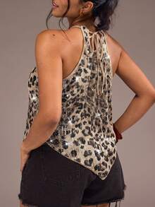Freevana Plus Size Women's Leopard Print Sequin Asymmetrical Hem Halter Tank Top - Grey - View 2