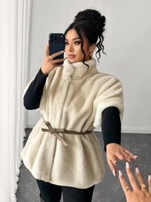 Cravure Plus Size Autumn/Winter Mid-Sleeve Cinched Waist Faux Fur Jacket - Apricot - View 6