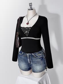 SHEIN ICON Plus Size Y2K Lace Patchwork V-Neck Long Sleeve Inner Top - Black - View 4