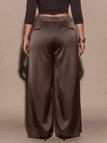 SHEIN BAE CURVE 大尺碼女款優雅寬鬆休閒不對稱辦公正式商務長褲，秋冬黑色，工作褲，萬聖節，聖誕節 - 棕色 - 查看 3
