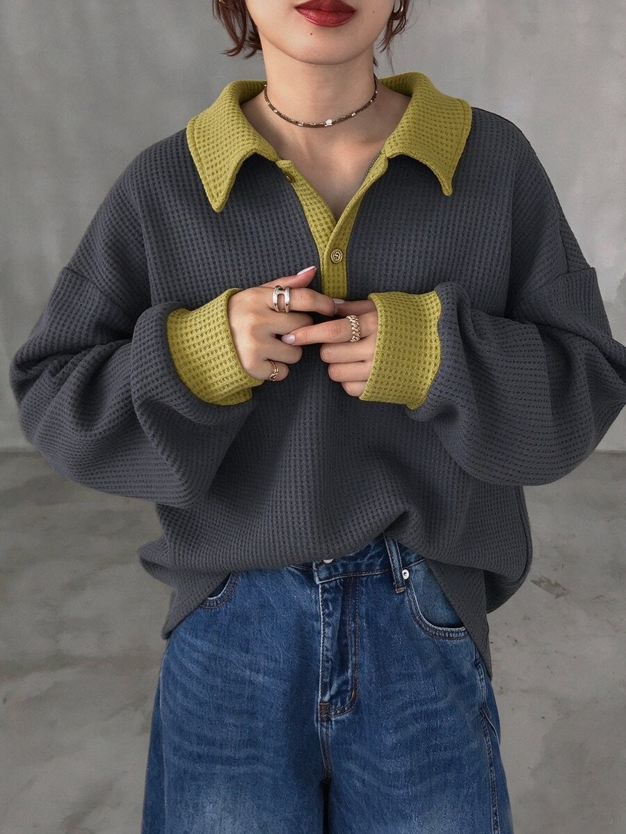 FRIFUL Women's Korean Style Autumn Colorblock Thick Waffle Knit T-Shirt - Grey - View 1