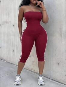 Slaydiva جمبسوت كاجوال يومي بدون حمالات بتصميم كتل لونية للنساء بمقاسات كبيرة - عنابي اللون - مشاهدة 4