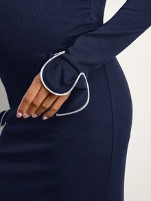 MaterniWear Đầm bầu công sở thanh lịch phối viền tương phản cho mùa thu - Xanh đậm - Xem 10