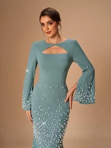 Serin Pearls Beaded Cut Out Front Trumpet Sleeve Mermaid Hem Mother Of The Bride Dress - Green - View 4