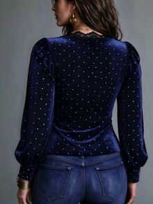 Linhara CURVE Plus Size Navy Blue Velvet Rhinestone Top, Square Neck Lace Trim Patchwork, Puff Long Sleeve Cinched Cinched Waist, Vintage Elegant Banquet Commute Base Layer - Navy Blue - View 2