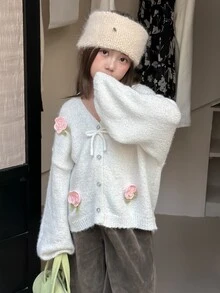 Dazy Kids (فتيات مراهقات) كنزة كارديجان بياقة على شكل حرف V فضفاضة بأكمام طويلة سميكة للخريف/الشتاء - أبيض - مشاهدة 3