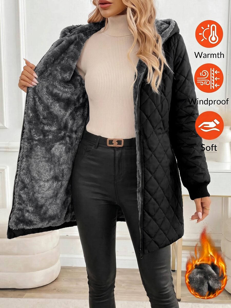 SHEIN Clasi 女款冬季保暖內裡連帽夾克 露營度假黑色休閒款 - 深灰色 - 查看 1