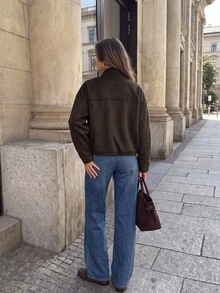 SHEIN LUNE Women's Casual Commute Jacket Long Sleeve Suede Fleece Autumn/Winter Daily Basic Fashion Outwear Outfit - Brown - View 2