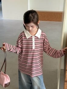 Dazy Kids Tween Girl Polo Collar Striped Drop Shoulder Long Sleeve Casual Loose Fit T-Shirt - Pink - View 3
