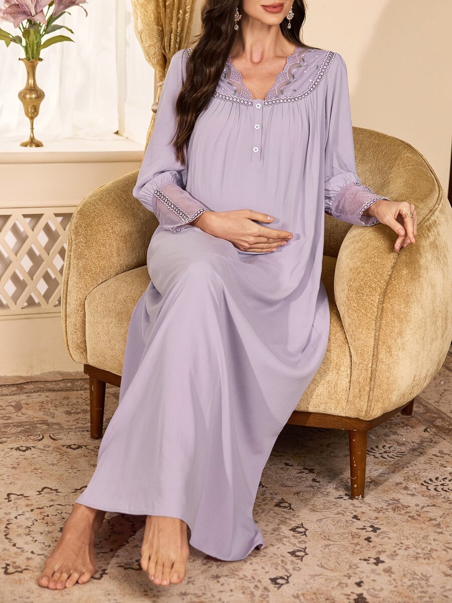 PalaceNights Heavy Embroidery Long Sleeve V-Neck Patchwork Lace Trim Loose Maternity Nightgown - Lilac Purple - View 1