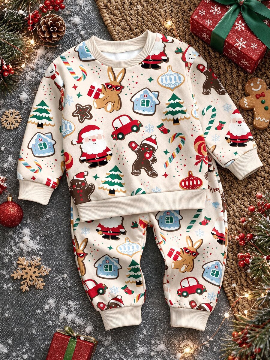 Infant Toddler Round Neck Casual Comfortable Set, Classic Christmas Element Pattern Print, Cute Christmas Reindeer Pattern Print, Classic Christmas Candy Pattern Print, Classic Christmas Gingerbread Man Pattern Print, Christmas Snowman Pattern Print, Classic Christmas Tree Pattern Print, Suitable For Autumn/Winter, Suitable For Christmas - Multicolor - View 1