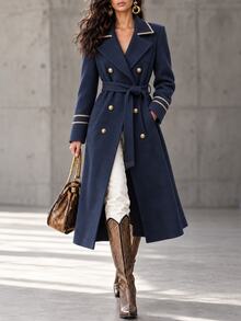 LUMIGAL Gold Ribbon Decor Vintage Fashion Waist Tie Coat Commuter Elegant Women's Overcoat - Navy Blue - View 1