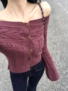 DAZY Women's Square Neck Short Cable Knit Cardigan Sweater With Bow Button - Purple - View 5