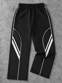 1pc Tween Boy High Street Fashion Colorblock Patchwork White Trim Embroidered Woven Straight Leg Pants, Contrast Rope Design, Novel And Fashionable, Comfortable Fabric, Suitable For Multiple Occasions, New Arrival, All Season - Black - View 1