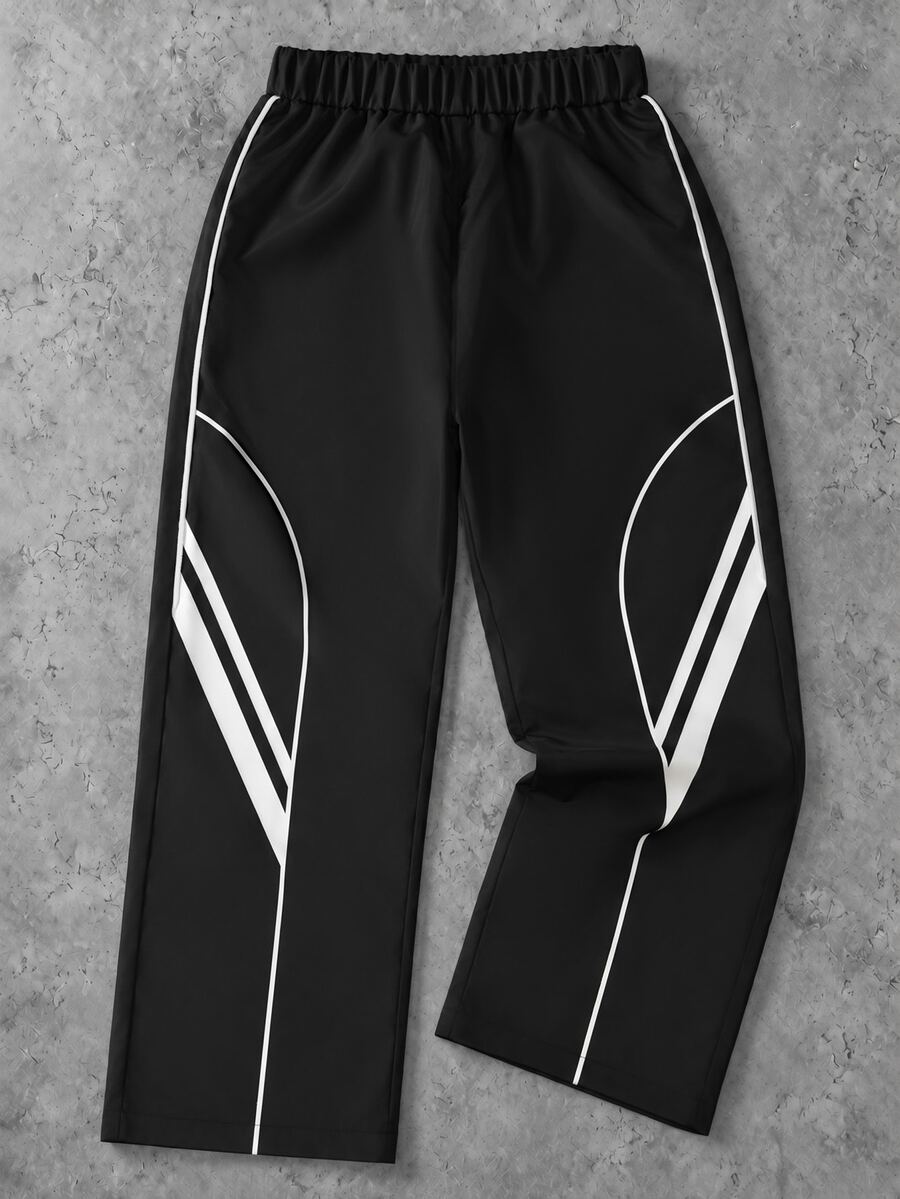 1pc Tween Boy High Street Fashion Colorblock Patchwork White Trim Embroidered Woven Straight Leg Pants, Contrast Rope Design, Novel And Fashionable, Comfortable Fabric, Suitable For Multiple Occasions, New Arrival, All Season - Black - View 1