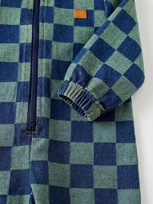 SHEIN Baby Boy Checkered Zipper Front Denim Jumpsuit - Multicolor - View 6