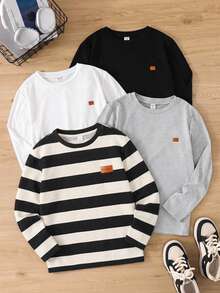 Kaos Anak Laki-Laki Remaja Bergaris Kerah Bulat, Pullover Gaya Jalanan Urban, Fashion Kasual Kreatif yang Dapat Dipersonalisasi - Hitam - View 2