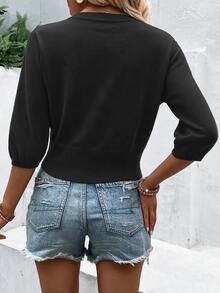 SHEIN Holidaya Cardigan Rajut Pendek Wanita Model V Neck Puff, Atasan Sweater Rajut Polos dengan Kancing Depan - Hitam - View 2