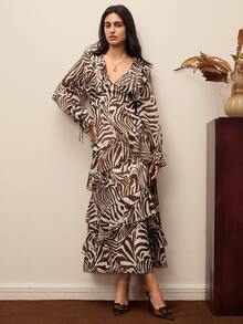 BELROSIE Gaun Panjang Wanita Elegan Berlapis-lapis Bahan Chiffon dengan Motif Zebra Digital Gaya Eropa dan Amerika untuk Musim Gugur/Dingin, Mode Baru, Serbaguna, Warna Kopi, Bahan Chiffon, dan Ruffle. - MultiWarna - View 7