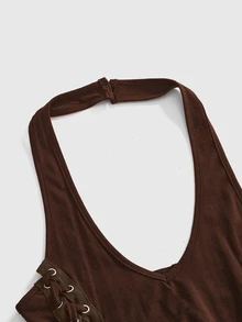 ROMWE Summer Autumn Y2K V-Neck Women's Black Gothic Sexy Rivet Solid Color Fashion Side Cross Strap Backless Mini Dress For Concerts - Brown - View 4