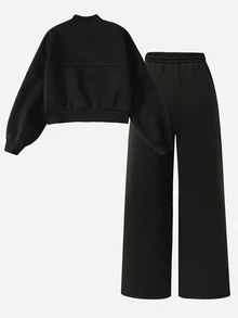 SHEIN 兒童青少年女孩秋冬休閒街頭風抓絨加厚兩件套 長袖拉鍊立領反光飾條運動衛衣外套 + 寬腿運動長褲 休閒套裝，適合戶外穿著，休閒舒適 - 黑色 - 查看 5