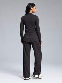 SHEIN With My Calm Mock Neck Thumbholes Zip Up Sports Top & Pants Set - Black - View 2