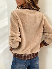 SHEIN Women's Plush Plaid Patchwork Button Half-Zip Sweatshirt - Apricot - View 2