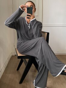 DAZY طقم ملابس نوم نسائي 2 قطعة/مجموعة، تي شيرت فضفاض بأكمام طويلة مع دانتيل وتصميم مخطط ومرقع، وبنطلون بيجامة طويل بقصة مستقيمة - رمادي غامق - مشاهدة 5