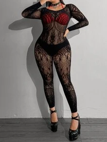 Whyspr Plus Size Women's Lace Long Sleeve Sheer Sexy Jumpsuit - Black - View 3