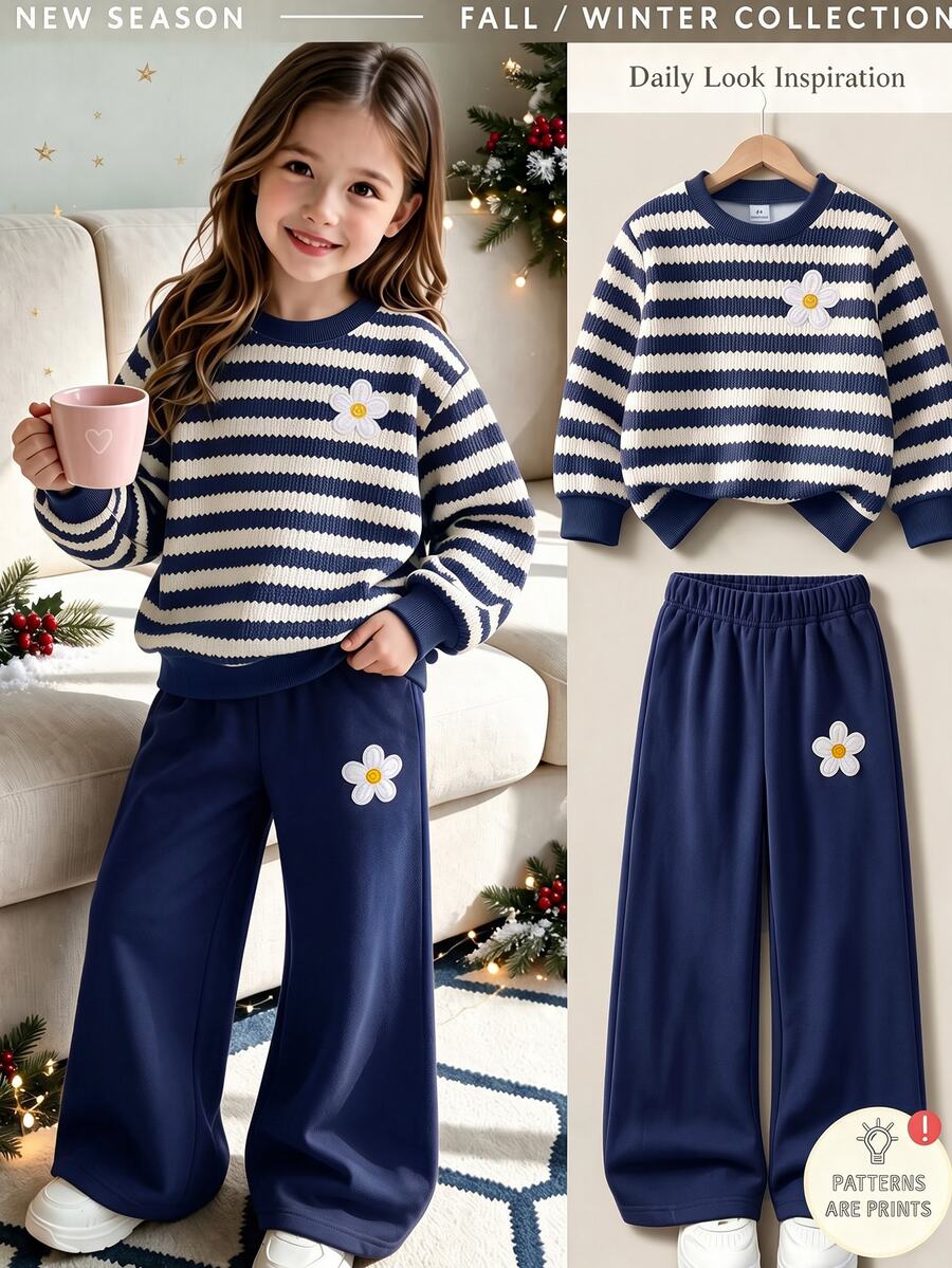 1 Set, Girls Striped Floral Long Sleeve Fleece Sweatshirt + Brown Wide Leg Pants, Autumn/Winter Indoor/Outdoor Play Outfit - Multicolor - View 1