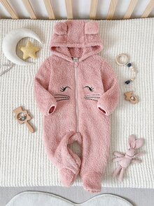 SHEIN 女嬰卡通圖案休閒日常連身連帽長褲 - 粉色 - 查看 3
