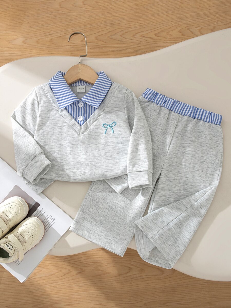 Baby Girl Bow Embroidery Pattern 2 In 1 Long Sleeve T-Shirt And Pants Casual Daily Outfit - Light Grey - View 1