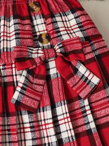 SHEIN 1件少女學院風百褶迷你裙，秋季服飾，紅白格紋蝴蝶結雙排扣高腰裙，適合上學、日常穿著與外出 - 紅色 - 查看 4