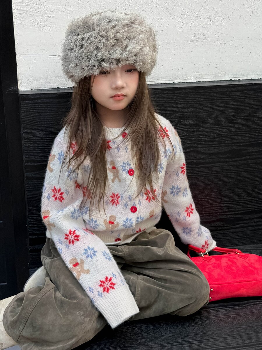Dazy Kids Tween Girl) Casual Long Sleeve Autumn/Winter Thick Knit Jacquard Cardigan - Beige - View 1