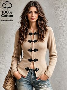 SHEIN كارديجان محبوك بأسلوب صيني خريفي بأزرار على شكل ضفدع للنساء، بياقة دائرية وأكمام طويلة وقصة ضيقة - كاكي - مشاهدة 6
