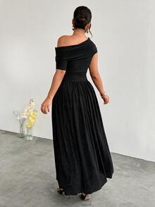 Firerie Plus Size Women's Elegant Solid Color Shimmer Fabric Dress, Asymmetrical Neckline Design To Highlight Graceful Curves; Suitable For Summer Weddings, Evening Parties, Cocktail Parties, Graduation Ceremonies And Other Formal Occasions. - Black - View 2