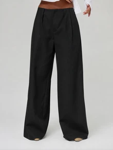 MUSERA 米色低腰百褶長褲 秋冬酷女孩返校風 - 黑色 - 查看 2