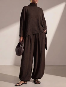 Zivah Women's Minimalist Textured High Neck Cape Top And Cuffed Lantern Pants 2 Pieces Set - Brown - View 4
