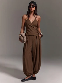 Athîral Women's Casual Halter Neck Cold Shoulder Solid Color Tie-Up Sleeveless Top And Balloon Pants 2 Pieces Set, Suitable For Daily Wear, Dating And Gatherings - Mocha Brown - View 5